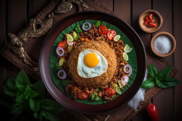 Un plato de arroz con un huevo frito encima