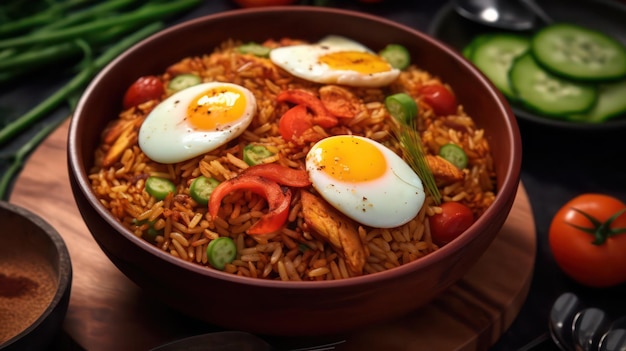 Un plato de arroz con un huevo frito encima