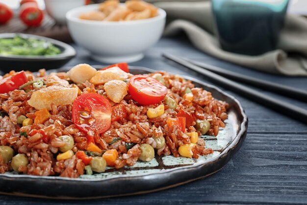 Plato con arroz integral, pollo y verduras en primer plano de la mesa