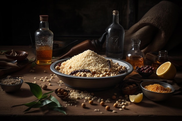 Un plato de arroz con nueces y aceitunas sobre una mesa.