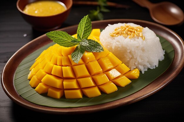 Un plato de arroz pegajoso de mango es un postre tailandés popular