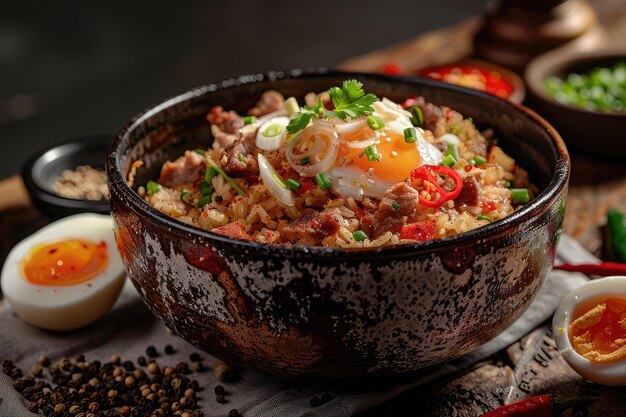 Un plato de arroz perfumado cocinado con pedazos de carne tierna especias aromáticas cebollas fritas