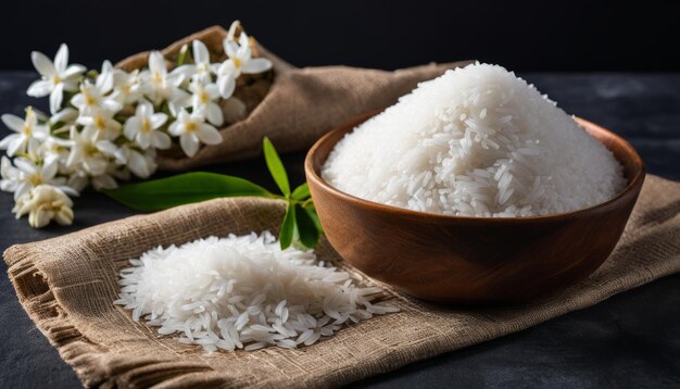 Un plato de arroz y una pila de arroz en una mesa