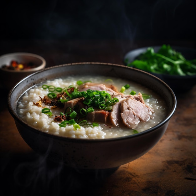 Un plato de arroz con un plato de cerdo y cebollas verdes.