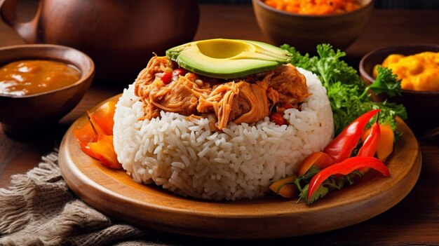 Un plato de arroz con un plato de pollo encima.