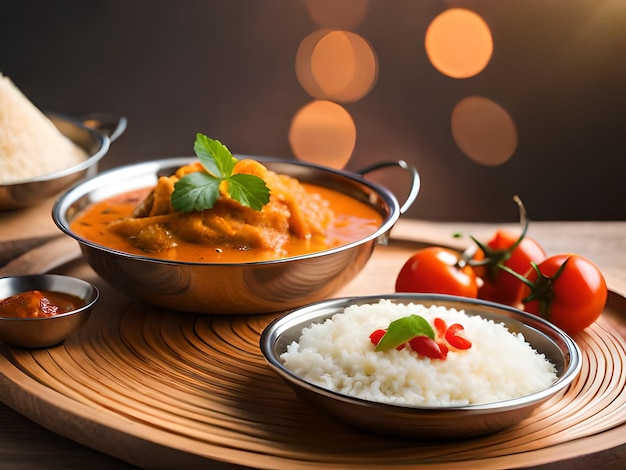 Un plato de arroz y un plato de tomates.