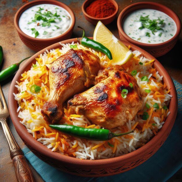 Foto un plato de arroz con pollo y arroz y un lado de arroz