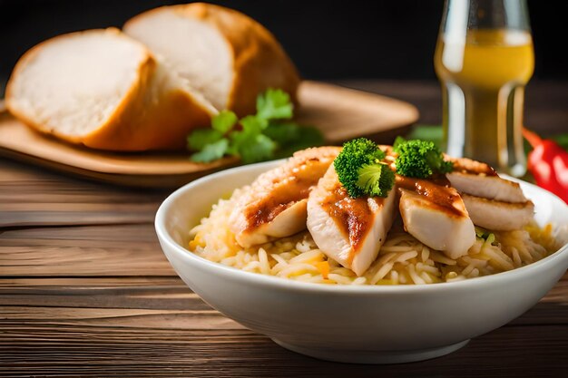 Un plato de arroz con pollo y brócoli encima