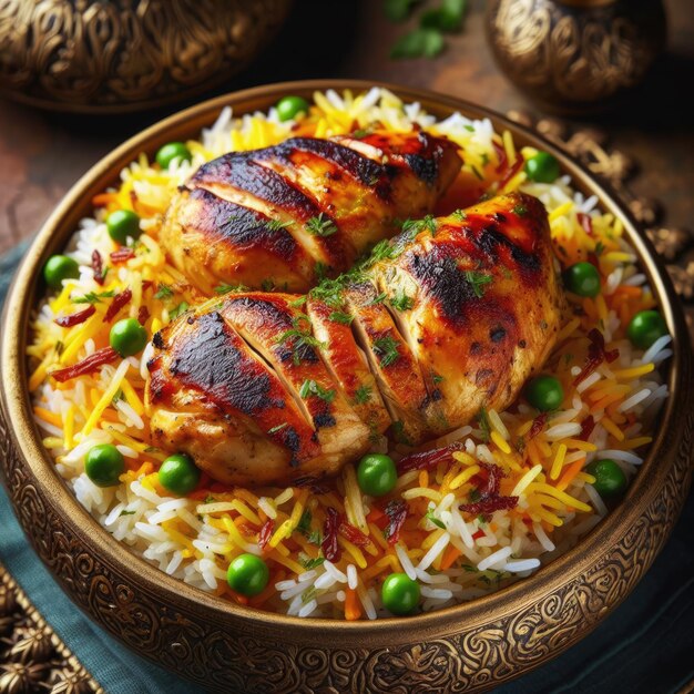 un plato de arroz de pollo y guisantes con arroz