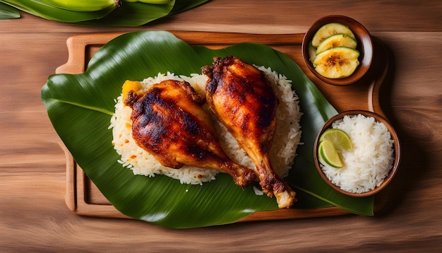 Foto un plato de arroz y un pollo en una hoja de plátano