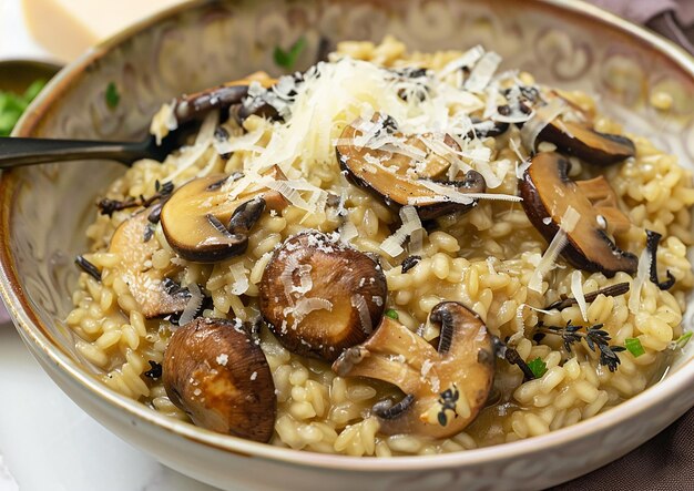 Foto un plato de arroz con setas y setas en él