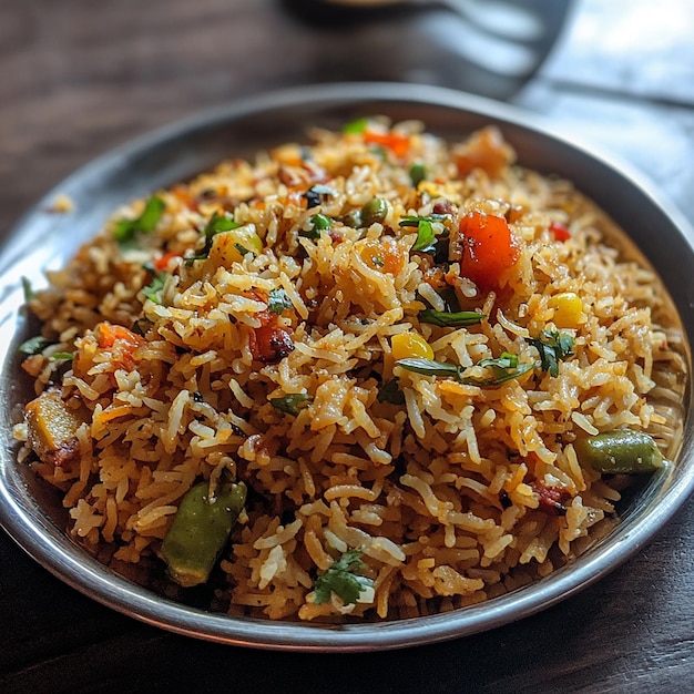 un plato de arroz con un vegetal y carne