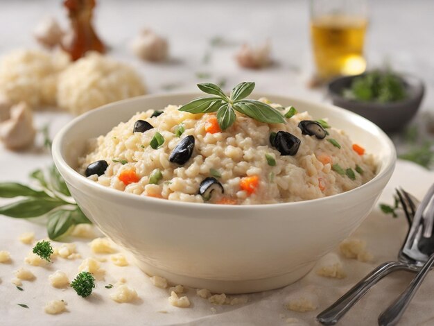 Plato de arroz vegetal nutritivo para comer sano con hierbas frescas