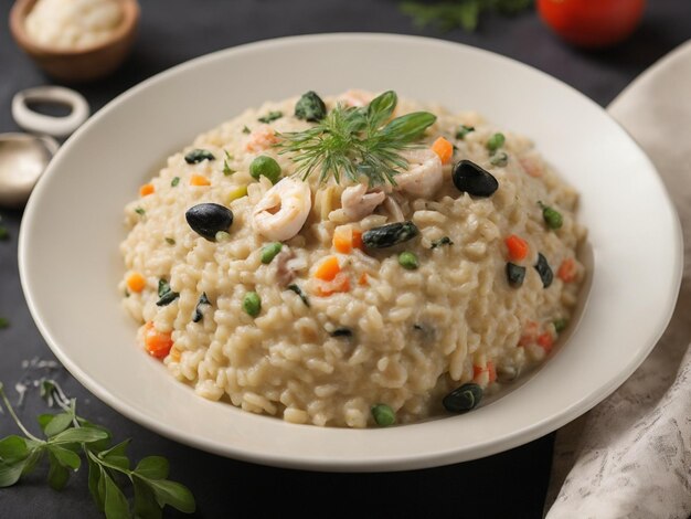 Plato de arroz vegetal nutritivo para comer sano con hierbas frescas