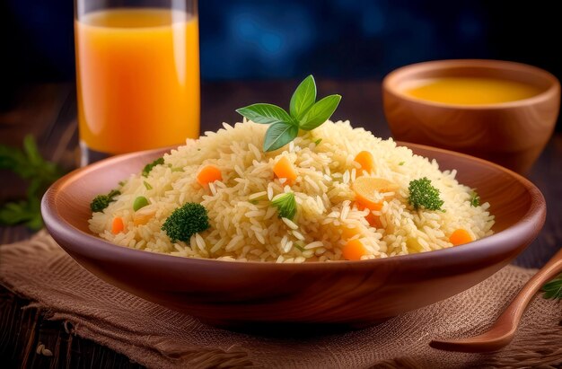 un plato con arroz y verduras pilaf y una taza de jugo