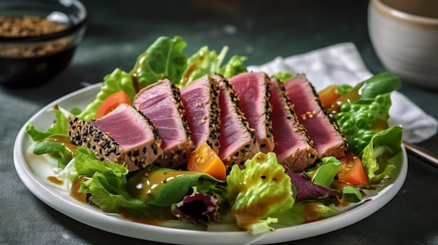 Un plato de atún con ensalada