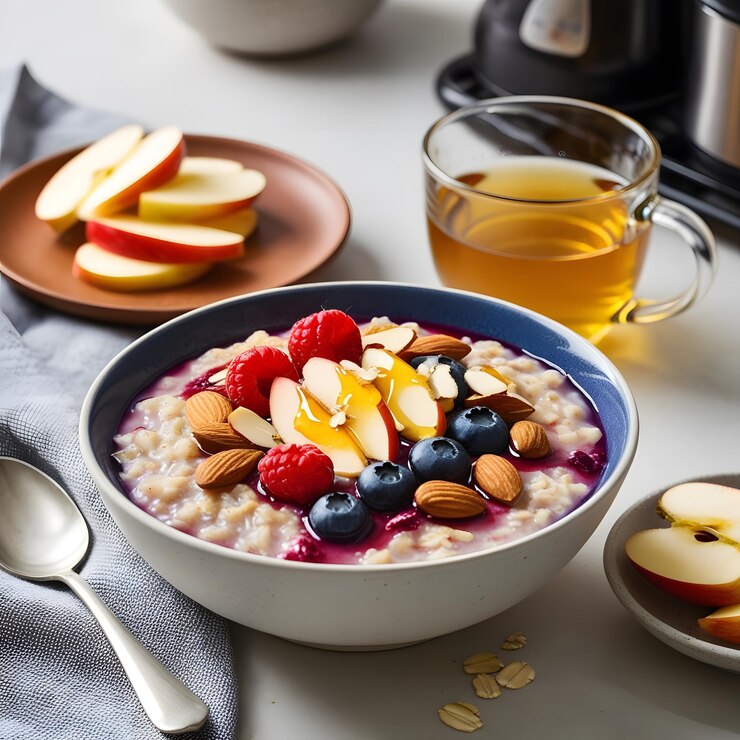 un plato de avena con almendras y almendras
