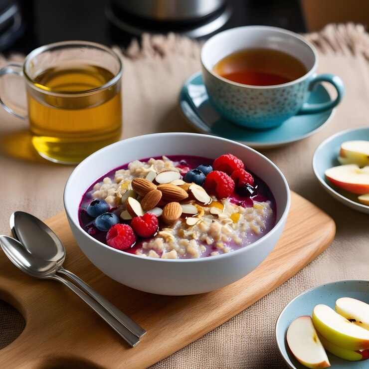 un plato de avena con almendras y manzanas en una mesa