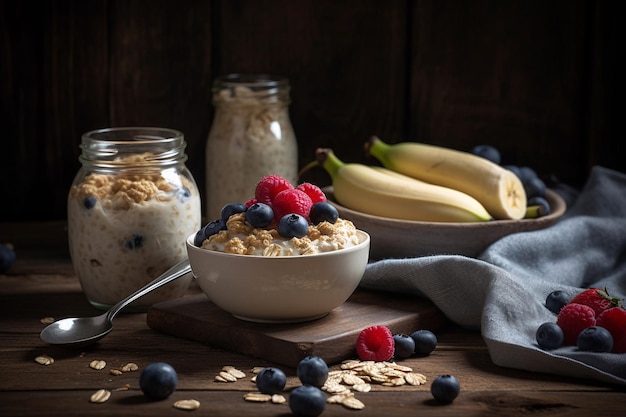 Un plato de avena con arándanos y plátanos sobre una mesa.