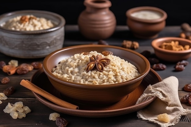 Plato de avena caliente con pasas y canela creado con ai generativo