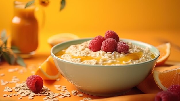 un plato de avena con frambuesas y leche.