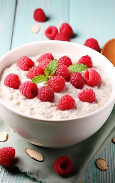 un plato de avena con nueces y frambuesas