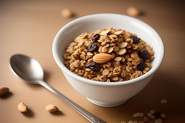 un plato de avena con pasas y almendras