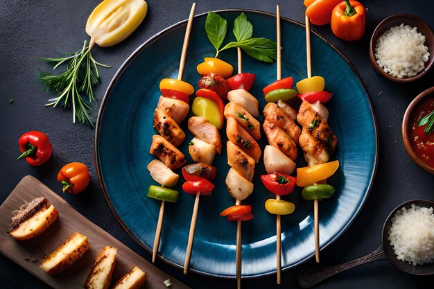 Un plato azul con brochetas de pollo a la parrilla y tomates