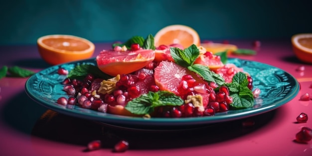 Un plato azul cubierto con granada y rodajas de naranja imagen generativa de ai