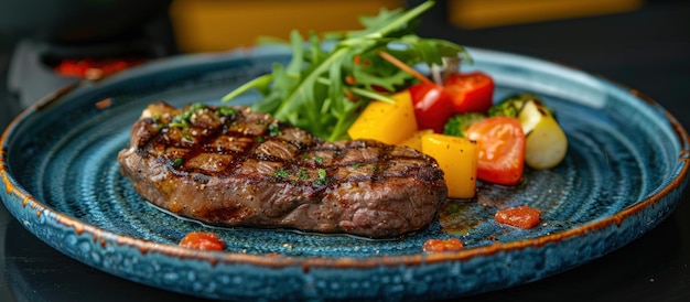 Plato azul con filete y verduras