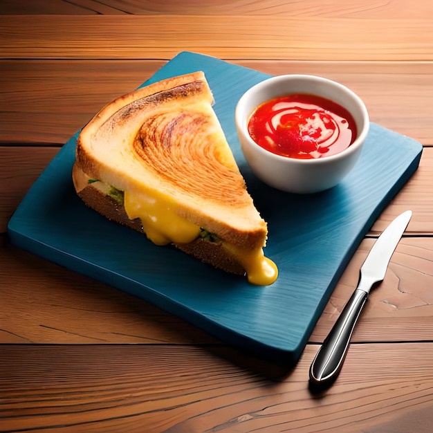 Un plato azul con un sándwich y ketchup.