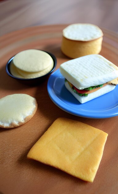 Un plato azul con un sándwich y un plato de queso.