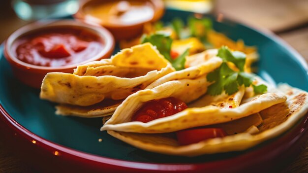 Foto plato azul con tortillas y salsa perfecto para cocina mexicana o diseños relacionados con la comida