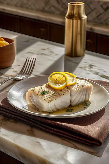 Foto un plato de bacalao con rodajas de limón encima