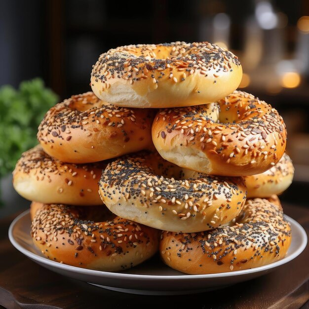 Plato de bagels con semillas de sésamo sobre una mesa