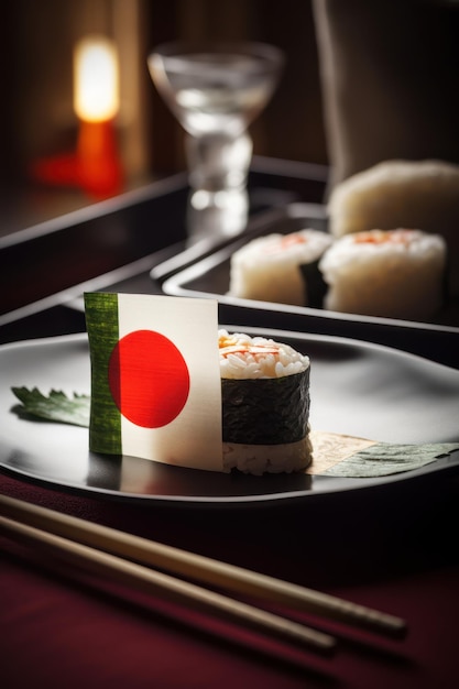 Un plato con una bandera que dice Japón.