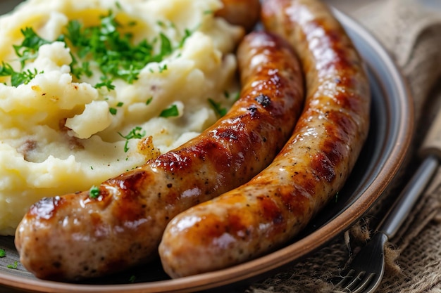 Un plato de bangers y puré un plato tradicional británico hecho de salchichas y puré de patatas