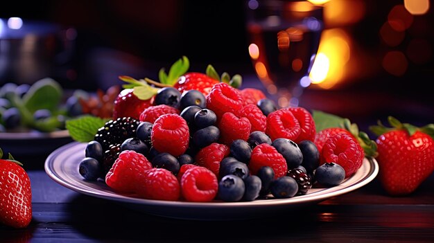 plato de bayas decorado con fresas frambuesas y arándanos creando un cóctel de vitaminas