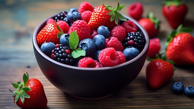 Un plato de bayas mixtas coloridas que incluyen fresas, arándanos y frambuesas