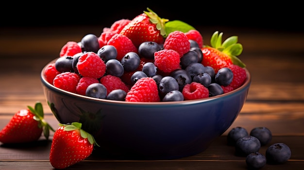 Un plato de bayas mixtas coloridas que incluyen fresas, arándanos y frambuesas