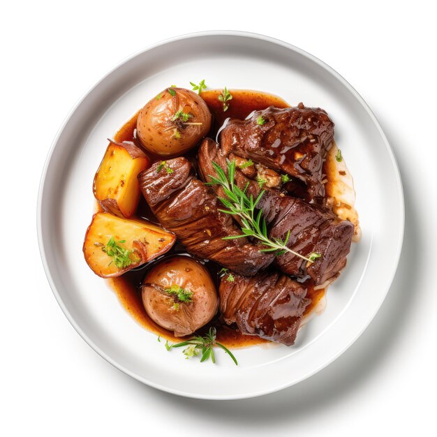 Foto plato belga con carbonada de ternera en un plato sobre fondo blanco directamente encima de la vista