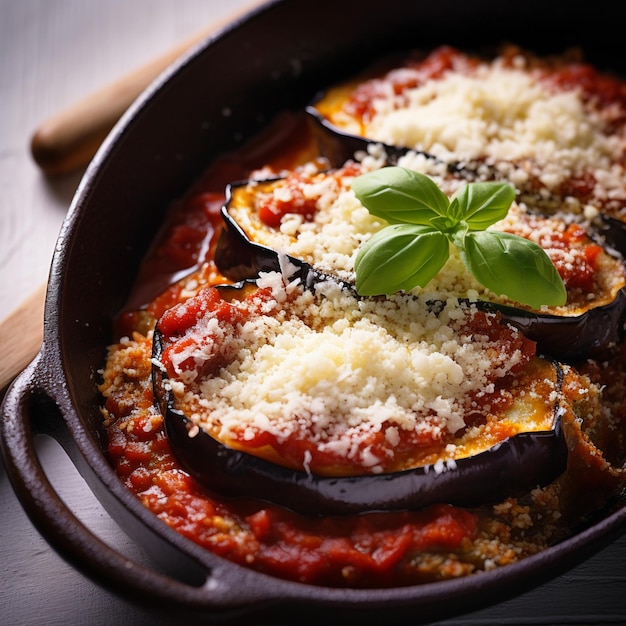 Un plato de berenjena con queso parmesano y salsa de parmesano.