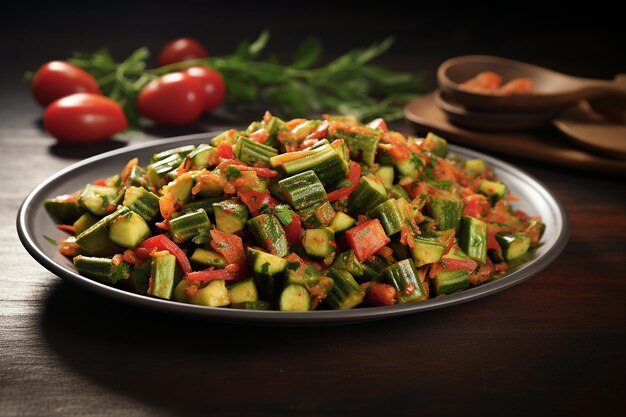 Foto un plato de bhindi masala con okra cocinado con cebollas y tomates