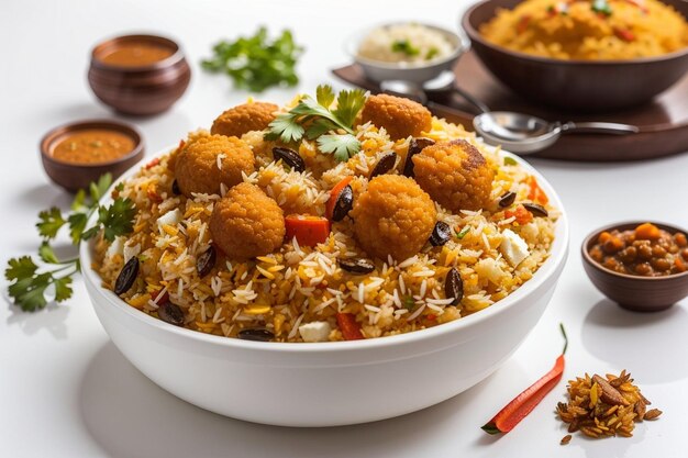 Un plato de biryani con un montón de comida en él