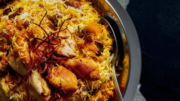 Foto un plato de biryani con un montón de comida en él