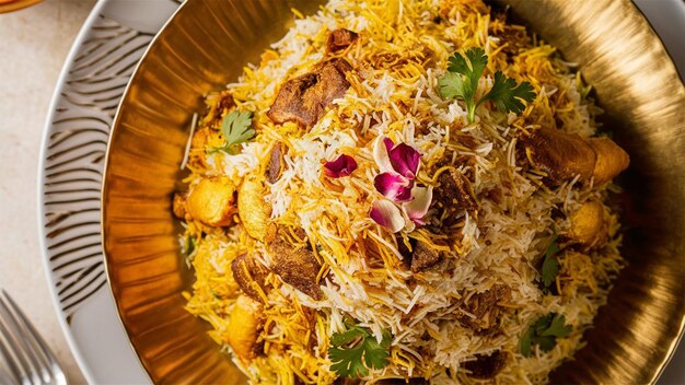 Foto un plato de biryani con un montón de comida en él