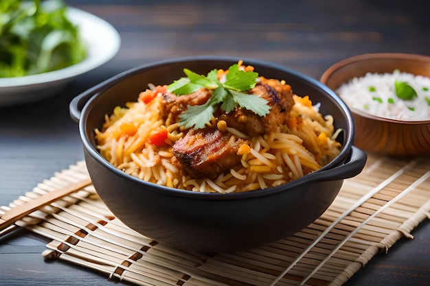 Un plato de biryani de pollo con un plato de comida sobre la mesa.