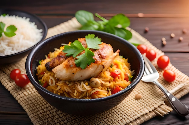 Un plato de biryani con un tenedor y un plato de arroz sobre una mesa.