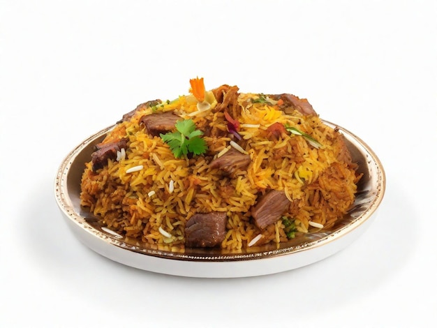 Un plato de biryani de ternera con un plato de arroz fondo blanco.