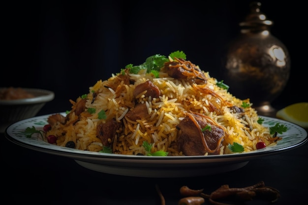 plato de Biryani con trozos de carne tierna